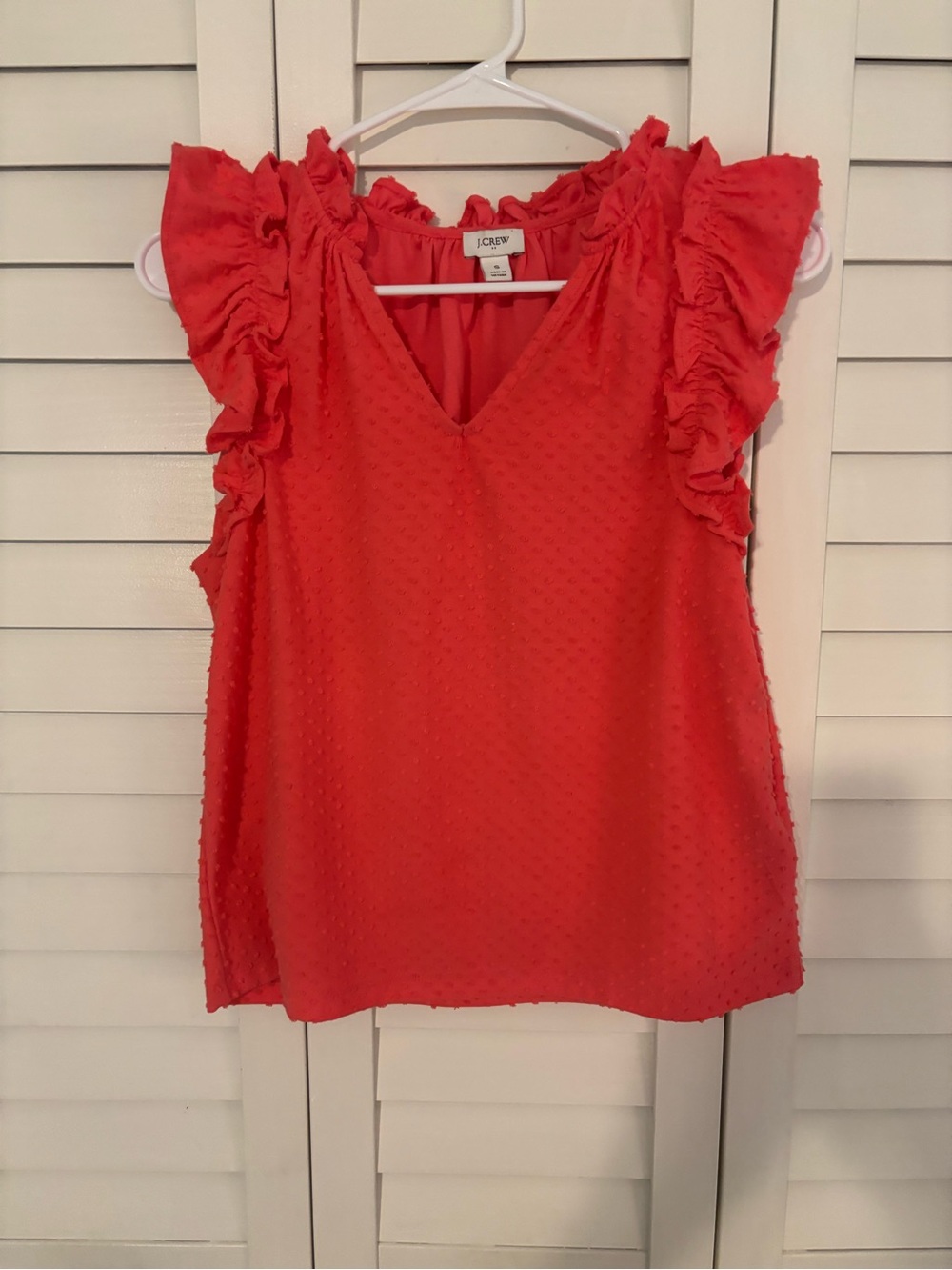 J. Crew Coral Ruffle Sleeve Swiss Dot V-Neck ladies top